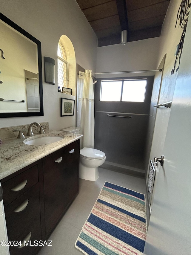 bathroom with a shower with curtain, vanity, toilet, and wooden ceiling