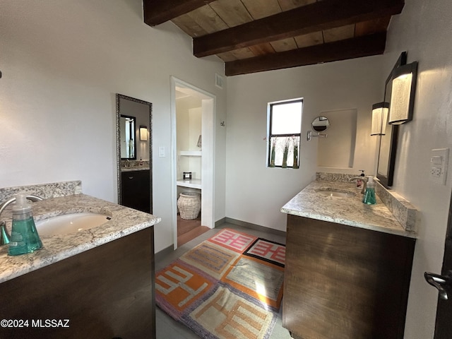 bathroom with beamed ceiling, vanity, and wooden ceiling