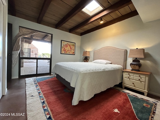 bedroom with beamed ceiling, wooden ceiling, and a skylight