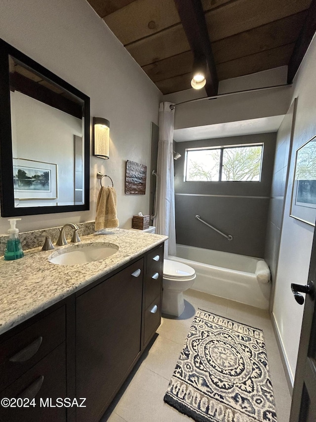 full bathroom featuring vanity, shower / bath combination with curtain, tile patterned flooring, toilet, and beamed ceiling