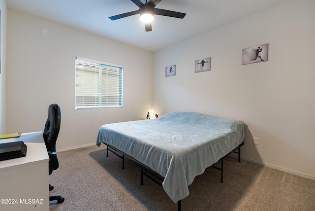 carpeted bedroom featuring ceiling fan and billiards