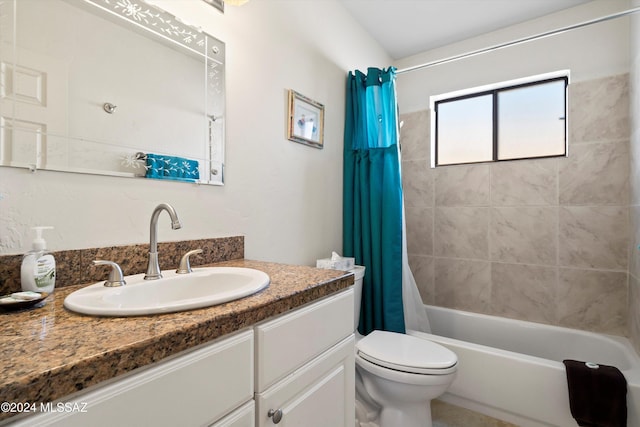 full bathroom featuring vanity, toilet, and shower / bathtub combination with curtain