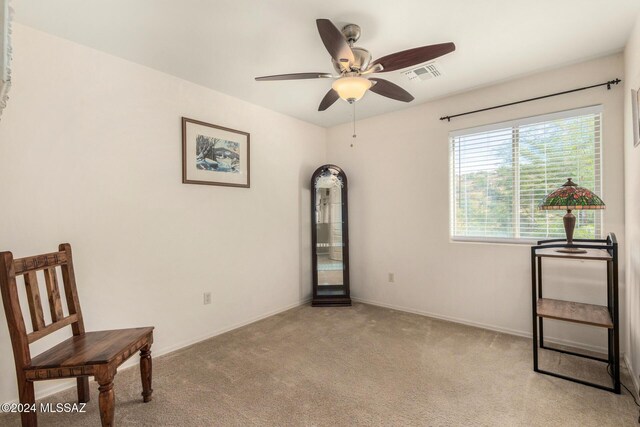 bedroom featuring a spacious closet, light colored carpet, ceiling fan, and a closet