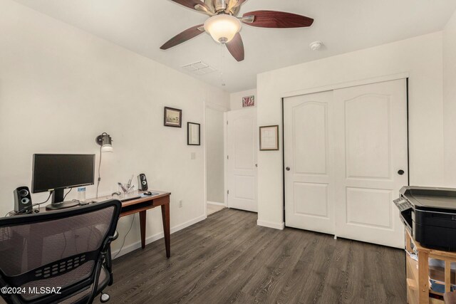 office with ceiling fan and light hardwood / wood-style flooring