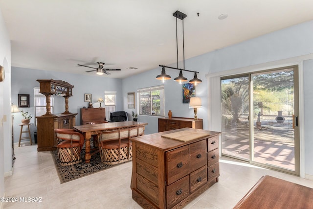 interior space with ceiling fan