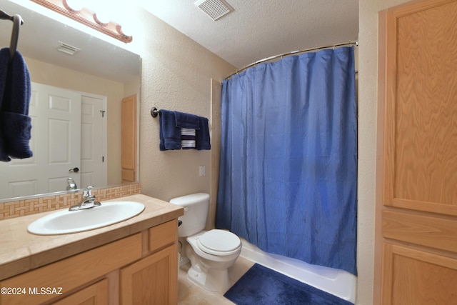 full bathroom with vanity, toilet, and shower / bathtub combination with curtain