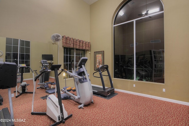 workout area featuring a towering ceiling and carpet flooring