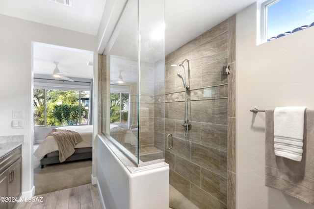 bathroom featuring tiled shower, hardwood / wood-style floors, and vanity