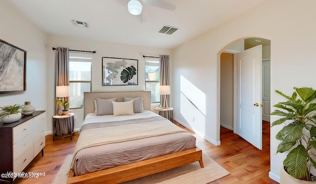 bedroom featuring ceiling fan and light wood-type flooring