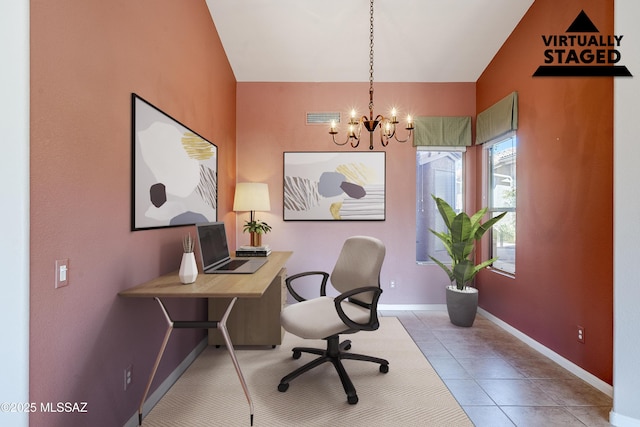 tiled home office with lofted ceiling, an inviting chandelier, baseboards, and visible vents