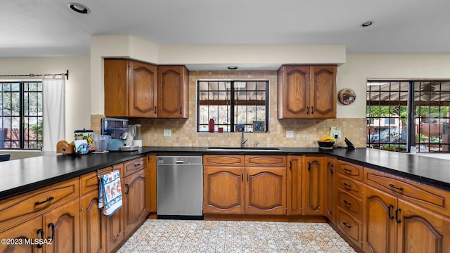 kitchen with tasteful backsplash, kitchen peninsula, sink, and stainless steel dishwasher