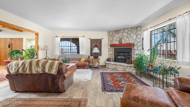 living room with light hardwood / wood-style flooring, a wood stove, and plenty of natural light