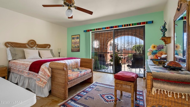 tiled bedroom with ceiling fan and access to outside