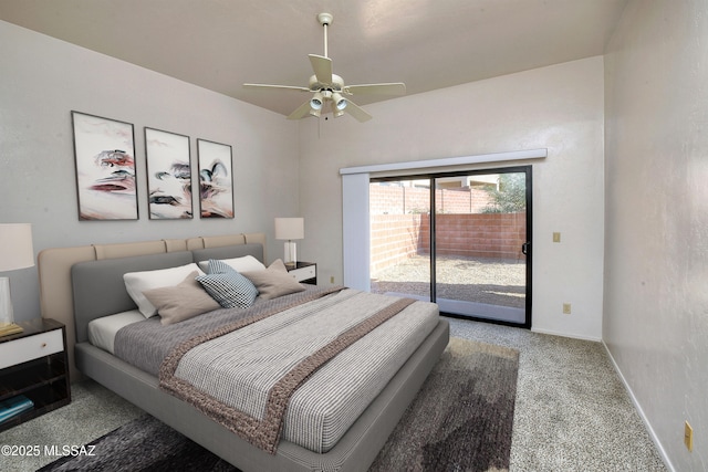 carpeted bedroom with ceiling fan and access to outside