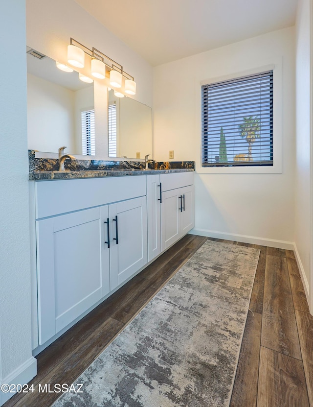 bathroom featuring vanity, a healthy amount of sunlight, and hardwood / wood-style flooring