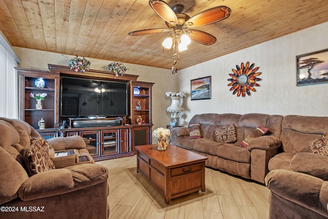 living room with wood ceiling, ceiling fan, and light hardwood / wood-style floors