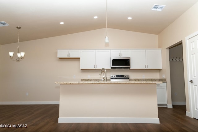 kitchen featuring pendant lighting, dark hardwood / wood-style floors, an island with sink, appliances with stainless steel finishes, and white cabinetry