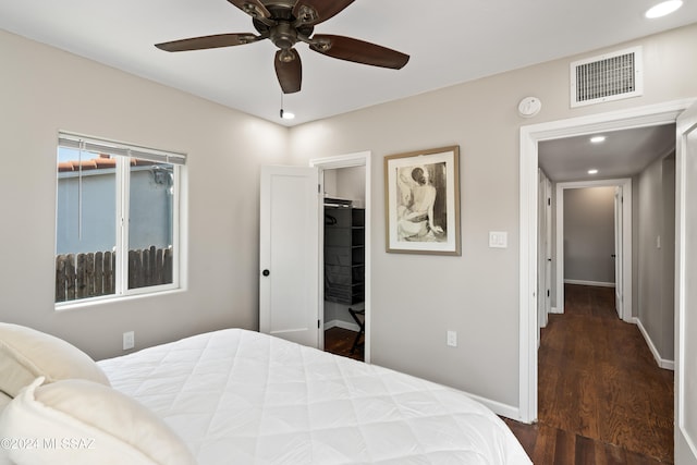 bedroom featuring a walk in closet, dark wood-type flooring, and ceiling fan