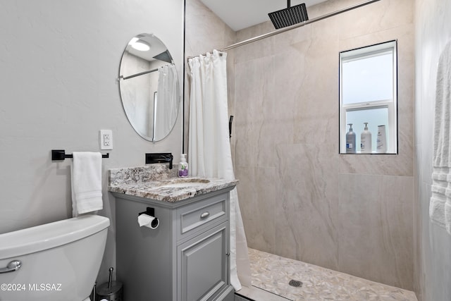 bathroom featuring vanity, toilet, and walk in shower