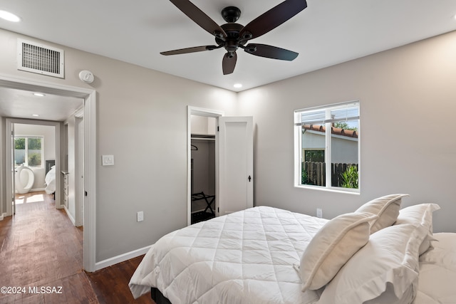 bedroom featuring multiple windows, ceiling fan, dark hardwood / wood-style flooring, and a closet