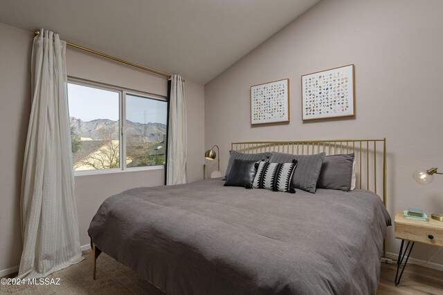 bedroom with a mountain view, light hardwood / wood-style floors, and vaulted ceiling