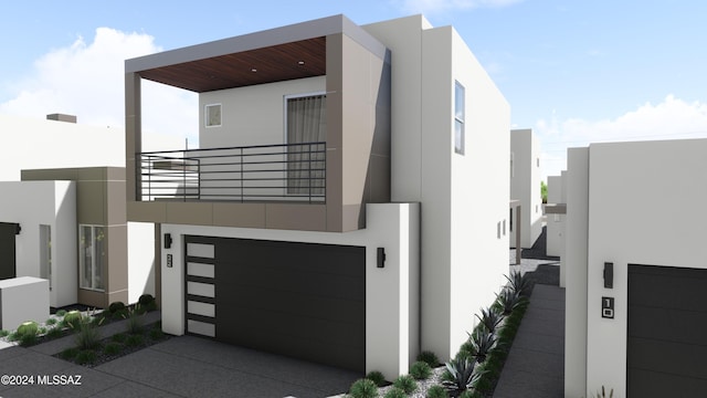 1156 E Fimbres St E, Tucson, AZ 85713 - contemporary house with a balcony, stucco siding, and an attached garage