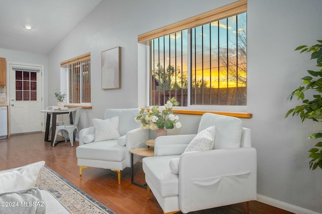 sitting room featuring wood-type flooring and lofted ceiling