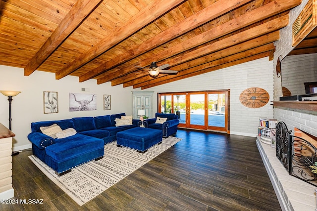 living room with ceiling fan, wooden ceiling, dark hardwood / wood-style flooring, brick wall, and a fireplace