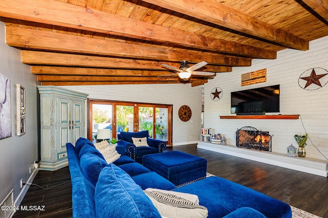 living room with french doors, brick wall, ceiling fan, dark wood-type flooring, and wooden ceiling