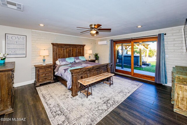 dining area featuring an inviting chandelier, lofted ceiling with beams, a fireplace, dark hardwood / wood-style flooring, and brick wall