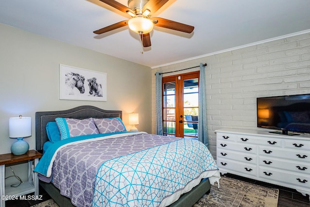 bedroom featuring access to exterior, ceiling fan, and french doors