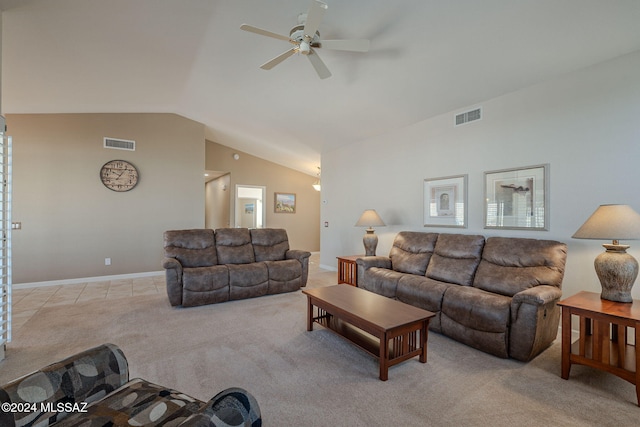 carpeted living room with ceiling fan and lofted ceiling