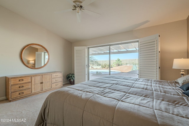 bedroom featuring access to outside, ceiling fan, light carpet, and vaulted ceiling