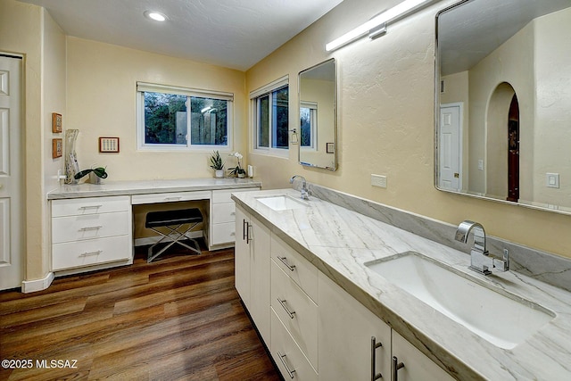 bathroom featuring vanity and hardwood / wood-style flooring