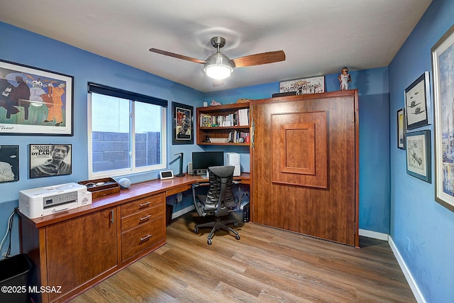 office area featuring ceiling fan and light hardwood / wood-style flooring