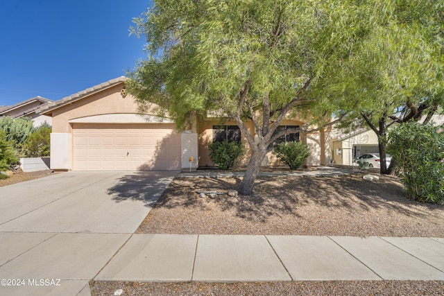 view of property hidden behind natural elements with a garage