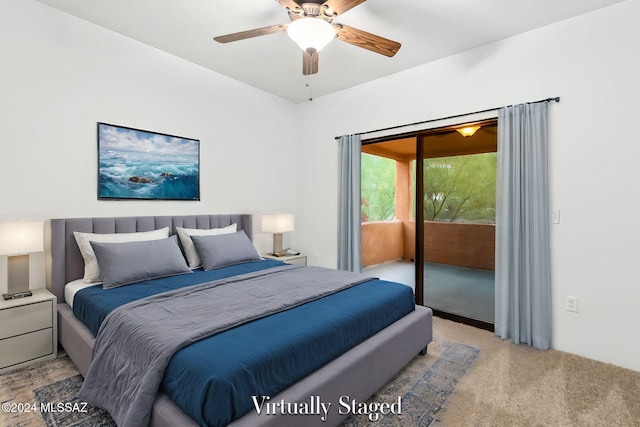 bedroom featuring carpet flooring, ceiling fan, and access to exterior