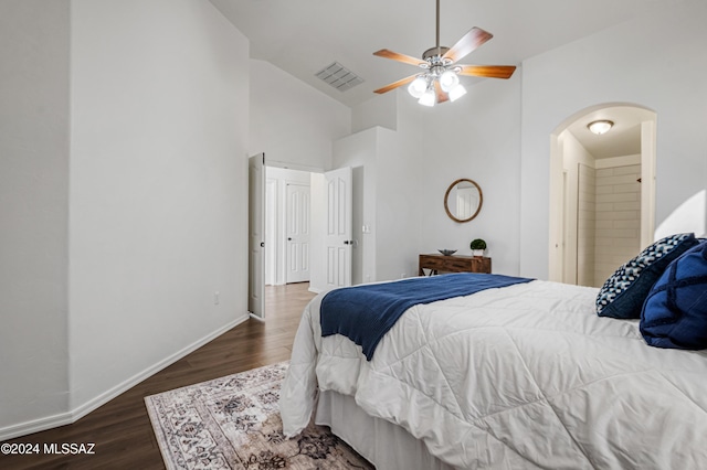 bedroom featuring ceiling fan and dark hardwood / wood-style flooring