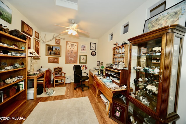 office area featuring ceiling fan and light wood-type flooring