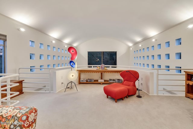 living area with brick ceiling, carpet, and vaulted ceiling