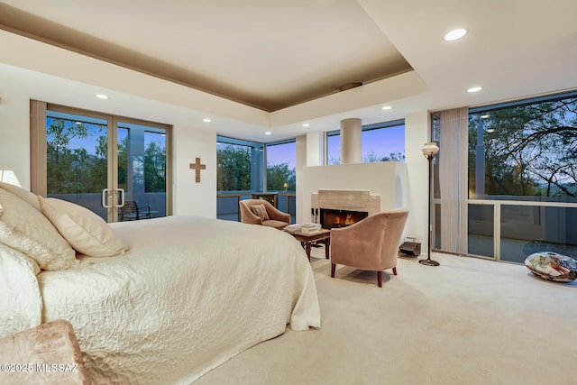 bedroom featuring access to outside, carpet floors, and a tray ceiling