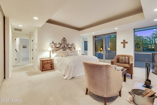 carpeted bedroom with access to exterior, ornamental molding, and french doors