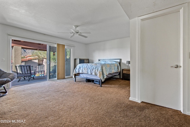 bedroom with ceiling fan, carpet, and access to outside