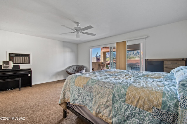 bedroom featuring carpet, access to exterior, and ceiling fan