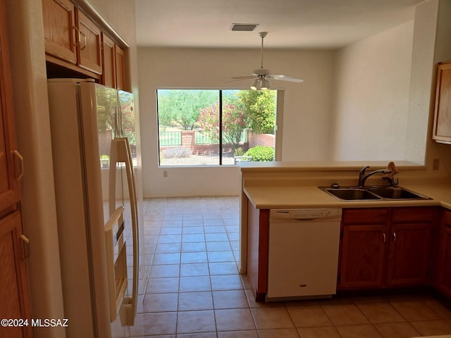 kitchen featuring ceiling fan, white appliances, sink, and light tile patterned floors