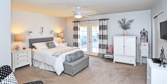 bedroom with carpet, ceiling fan, access to outside, and french doors