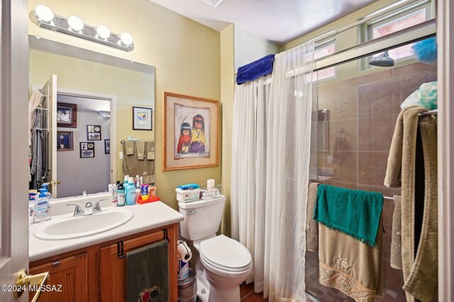 bathroom with curtained shower, vanity, and toilet