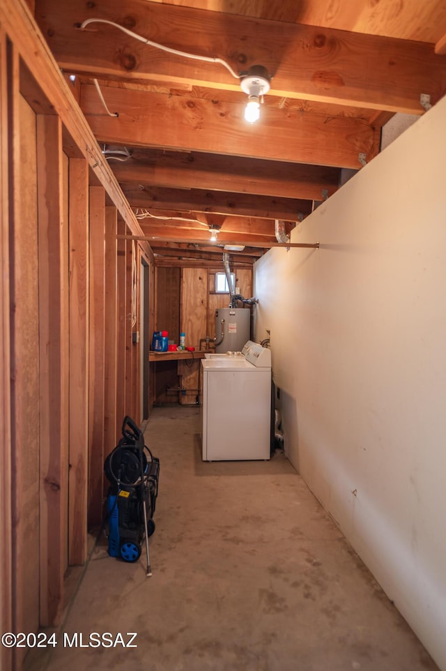 basement with water heater and wooden walls