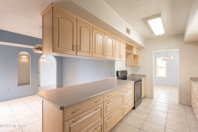 kitchen with light brown cabinets, black range with electric stovetop, hanging light fixtures, and light tile patterned floors