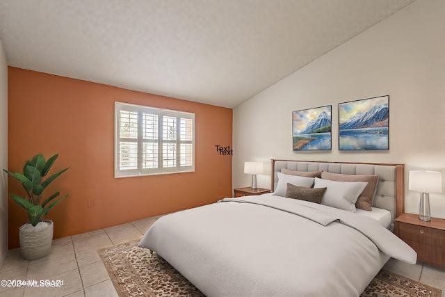 bedroom featuring lofted ceiling and light tile patterned flooring